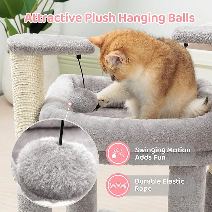 Made4Pets Cat Tree for Indoor Cats, Cat Tower with 2 Natural Sisal Scratching Post for Kitten, Kitty Cat Bed with Pom-pom Dangling Balls, Grey, DIY - PAWPICO
