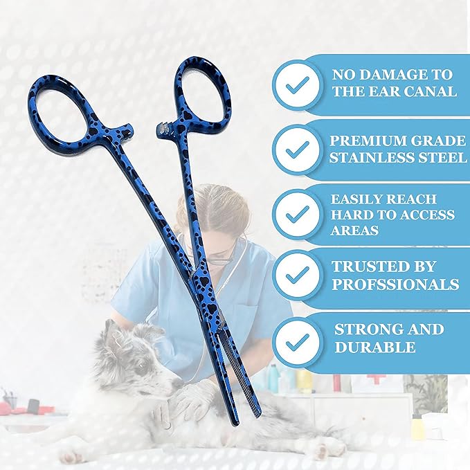 Dog Pet Ear/Nose Hair Puller Grooming Hemostat Locking Forceps Pliers, 5.5" (14cm), Straight (Blue Paws) A2Z+SCILAB