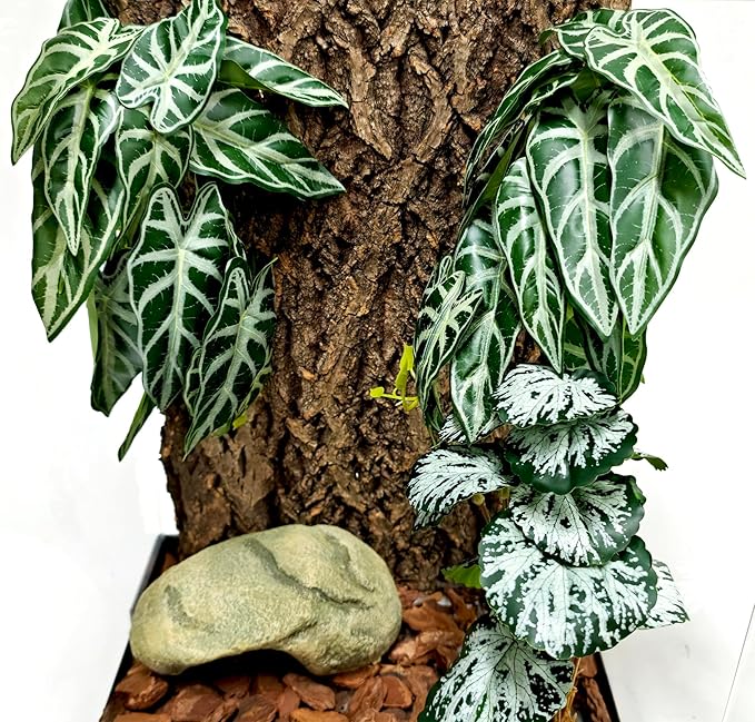 Woyrise 2 Pack Reptile Plants, Terrarium Hanging Plant Vines, Artificial Leaves with Suction Cup, Bearded Dragon Tank Accessories for Gecko Lizard Snake Frog Tortoise Decorations - Alocasia Velvet Woyrise