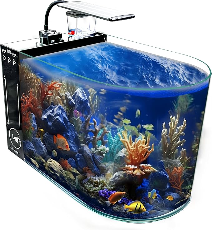 12 Gallon Saltwater Aquarium U-Shaped Low Iron Ultra Clear Glass Aquarium Saltwater Fish Tank Reef Tank with Lid and Pad, Protein Skimmer, LED Light and Pump (Black, Premium All-in-One Kits) GankPike
