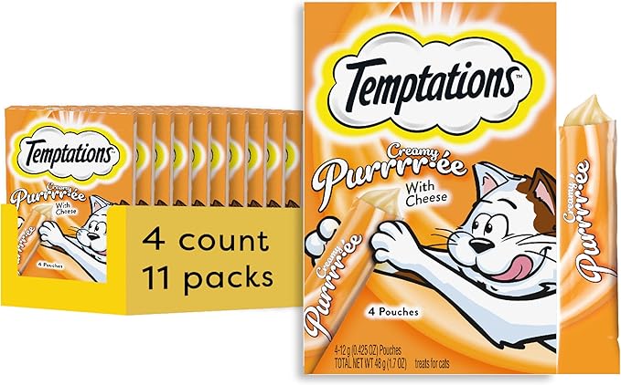 Temptations Creamy Puree with Cheese, Lickable Cat Treats, 0.42oz Pouches, 4 Count (Pack of 11) - Total 44 Count Temptations