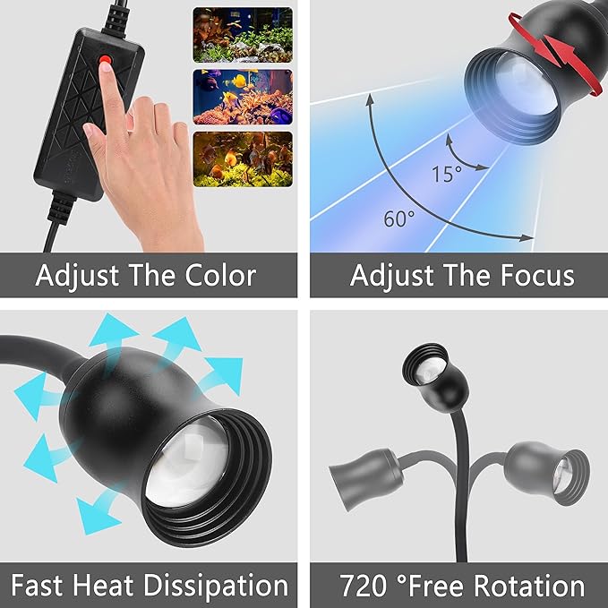 Aquarium Light Focus Light for Fish Tank Indoor LED Light Big Clip Lamp Adjustable Focus (White-Blue) PAWPICO