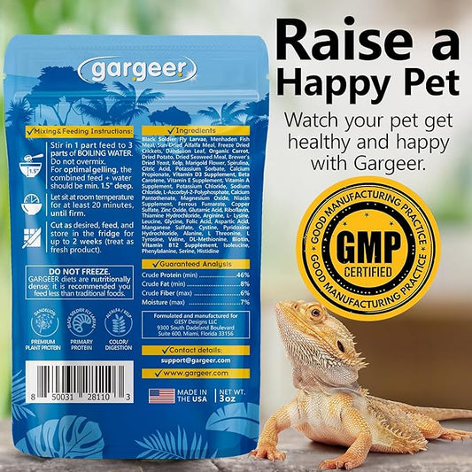 3oz Bearded Dragon Food. Complete Gel Diet for Both Juveniles and Adults. Proudly Made in The USA, Using Premium Ingredients, Fortified Gourmet Formula. Enjoy! Gargeer