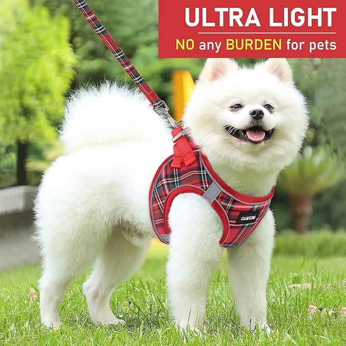 GAMUDA Small Dog Harness Collar and Leash Set, Step in No Chock No Pull Soft Mesh Adjustable Dog Vest Harnesses Plaid Reflective for Dogs Puppy Cats Kitten Rabbit (Red, M) GAMUDACollarsCollection