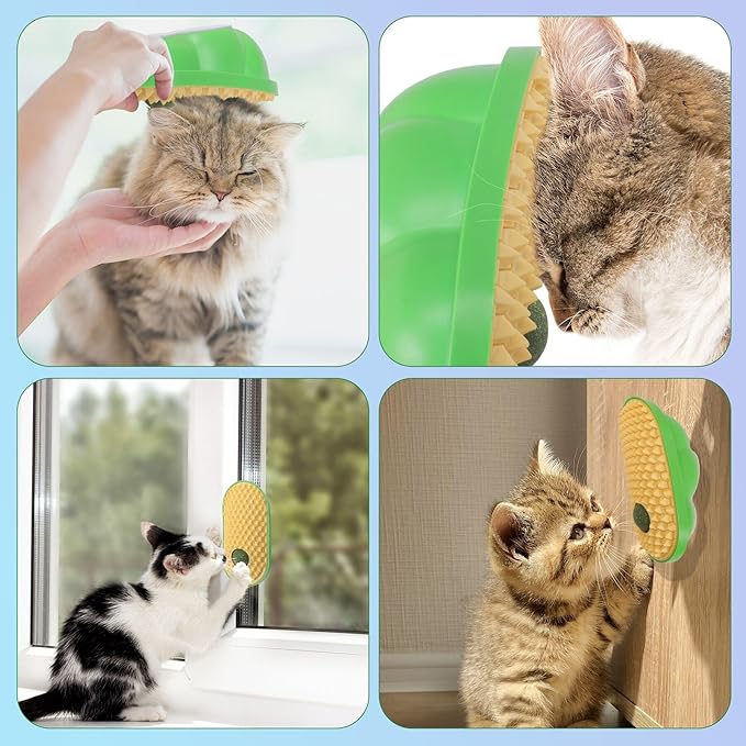 SEVENKA 2 Cat Toys Self-Grooming Cat Brush with 3 Catnip Balls & 3 Gall Fruit, Kitty Kitten Scratcher Self Groomer Catnip Toys for Indoor Cats, Chew Toys Wall Corner Brushes Edible Wall Treats, Yellow - PAWPICO