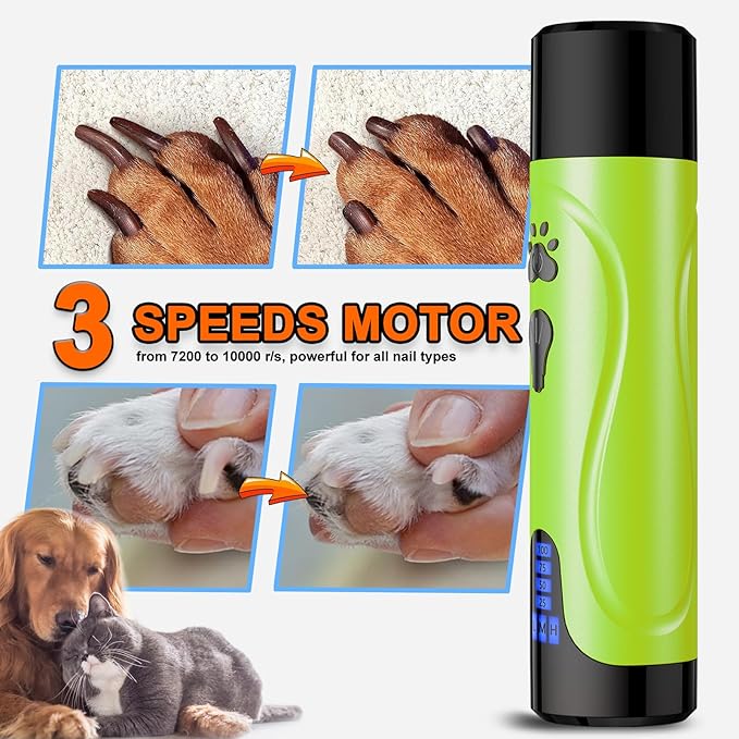YABIFE Dog Nail Grinder, Dog Nail Trimmers and Clippers Kit, Super Quiet, Rechargeable, for Small Large Dogs Cats Toenail Claw Grooming,3 Speeds, 1 Extra Grinding Wheel - PAWPICO