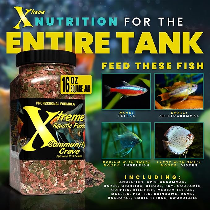 Xtreme Community Crave Flake - Krill & Spirulina Blend for Vibrant Colors, Immune Support and Digestive Health, Tropical & Freshwater Fish Nutrition – Premium Community Aquarium Food (16oz) XtremeAquaticFoods