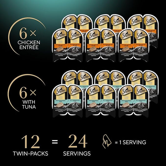 SHEBA PERFECT PORTIONS Cuts in Gravy Wet Cat Food Trays (12 Count, 24 Servings), Signature Tuna and Roasted Chicken Entrée, Easy Peel Twin-Pack Trays - PAWPICO