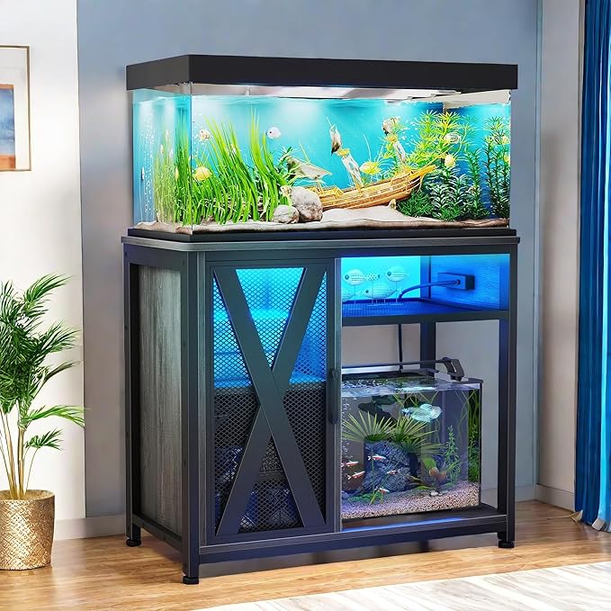 YITAHOME Fish Tank Stand with Power Outlets & LED Light, 40-50 Gallon Metal Aquarium Stand with Cabinet for Fish Tank Accessories Storage for Turtle Tank, Reptile Terrarium, 660LBS Capacity, Grey YITAHOME