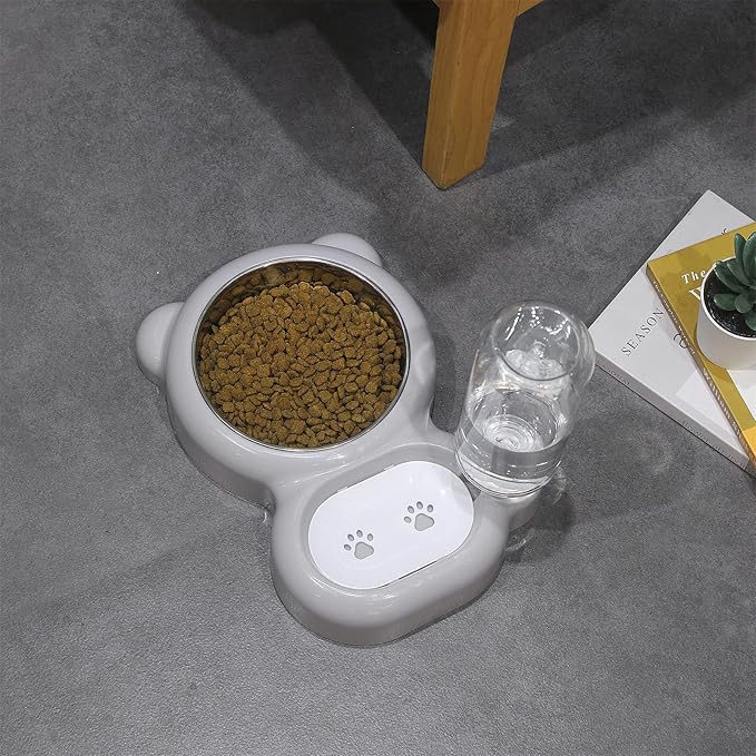 Dog Bowls, Cat Food and Water Bowl Set with Water Dispenser and Stainless Steel Bowl for Cats and Small Dogs - Grey - PAWPICO