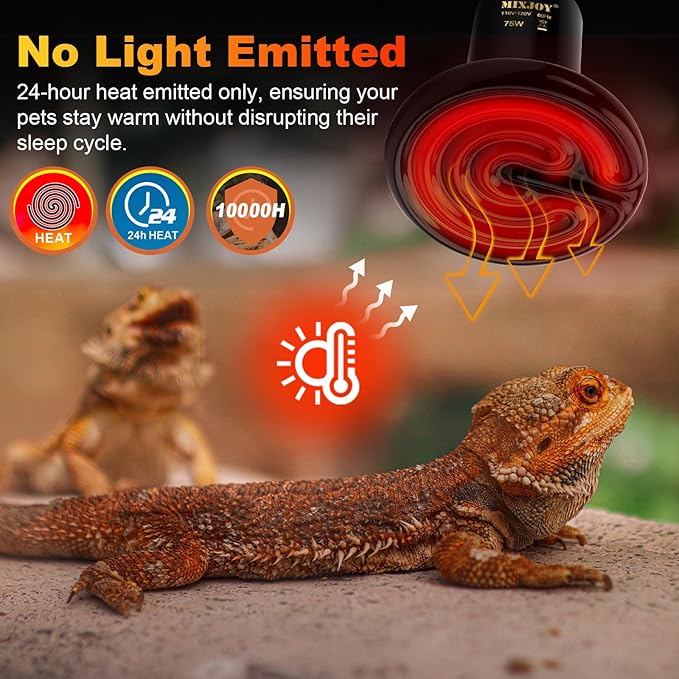 MIXJOY 75W Reptile Heat Lamp 2Pack Ceramic Heat Emitters Reptile Heat Lamp Bulbs, No Light Emitting Ceramic Heat Bulbs for Amphibian Terrarium Reptile Gecko Lizard Bearded Dragon Turtle Chicken Snake MIXJOY