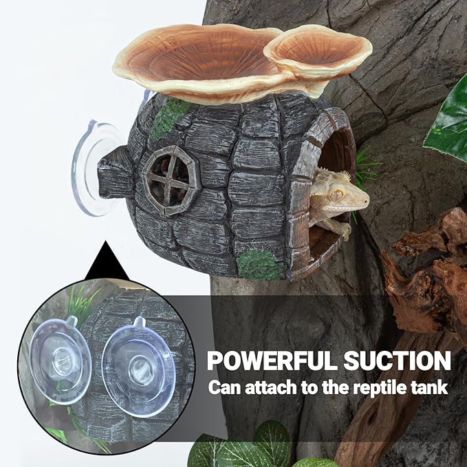 REPTI ZOO Reptile Hide, Multifunctional Reptile Hides with Suction Cup, Resin Reptile Hides, and Caves for Reptiles, Gecko, Lizard (Ganoderma Lucidum Shape) REPTIZOO