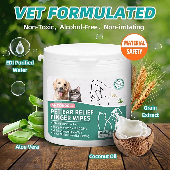 Dog Ear Cleaner Finger Wipes - Cat Ear Cleaner Wipes Grooming Pet Supplies Reduce Dirt Wax, Debris Soothes & Deodorizes, Fresh Coconut Scent 50 Counts ANTONDOLL