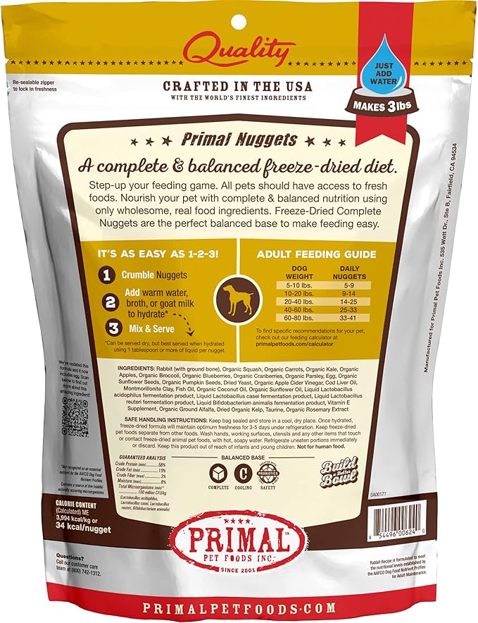 Primal Freeze Dried Raw Dog Food Nuggets, Rabbit, Complete & Balanced Meal, Also Use as Topper or Treat, Premium, Healthy, Grain Free, High Protein Raw Dog Food, 14 oz PrimalPetFoods