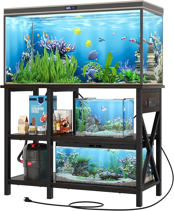 YITAHOME 40-50 Gallon Fish Tank Stand with Power Outlet, 40x18 Inch Metal Aquarium Stand with 3-Tier Adjustable Storage Shelves and Hooks, 700LBS Capacity, Black YITAHOME