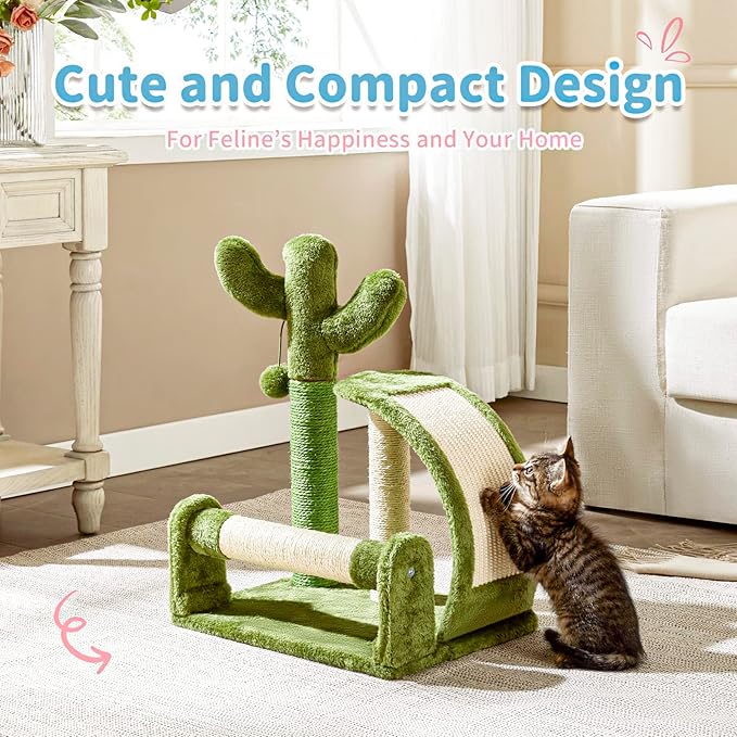 Made4Pets Cat Scratching Post, Cactus Scratcher Tree for Indoor Small Cats, Adult Kitten Scratch Pad with Natural Sisal Ropes, Cute Kitty Nail File Vertical Scratcher with Green Carpet Cover - PAWPICO