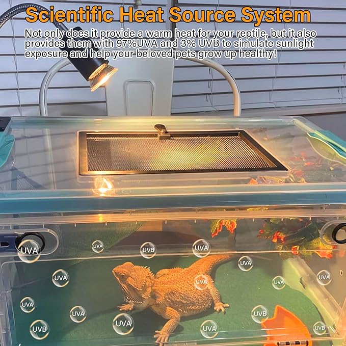 Reptile Heat Lamp with 2 Pcs 50W UVA UVB Light Bulb, 360° Rotatable Basking Spot Light Simulated Sunlight, Dimmable Heating Lamp for Turtle, Lizard, Snake, Beared Dragon, Amphibians DUMILOO
