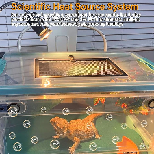Reptile Heat Lamp with 2 Pcs 50W UVA UVB Light Bulb, 360° Rotatable Basking Spot Light Simulated Sunlight, Dimmable Heating Lamp for Turtle, Lizard, Snake, Beared Dragon, Amphibians DUMILOO