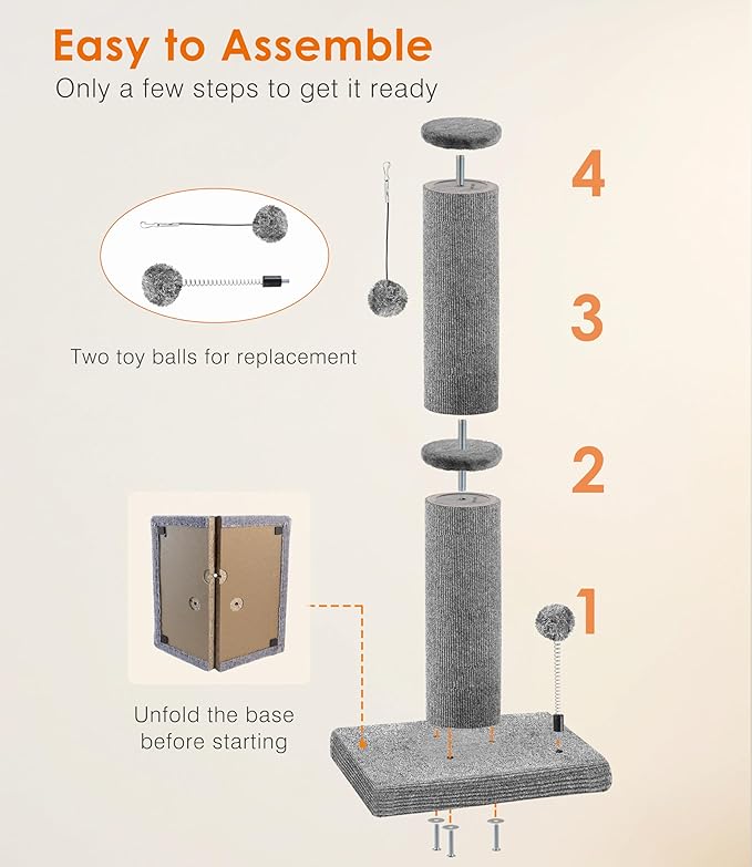 Carpet Craft Cat Scratching Post Heavy Duty for Indoor Large Cats and Adult Cats,Tall and Thicked Carpet Cat Scratcher Furniture Protector Cat Tree Tower with Interactivity Balls,Grey - PAWPICO