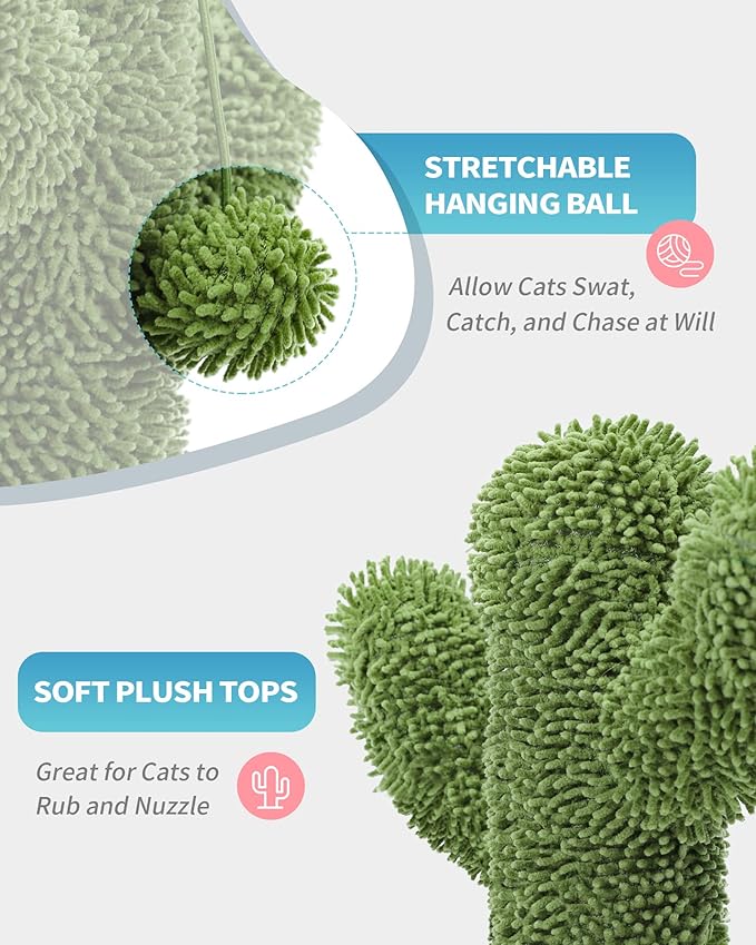 Made4Pets 34" Tall Cat Scratching Post, Cactus Cat Scratcher Kitten Scratching Posts for Indoor Cats Adults Claw Scratch with Sisal Rope, Vertical Green Cat Tree with Dangling Ball for Kitties Large - PAWPICO