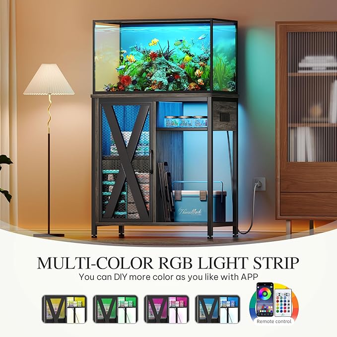 YITAHOME Fish Tank Stand with Power Outlets & LED Light, 20-29 Gallon Metal Aquarium Stand with Cabinet for Fish Tank Accessories Storage for Turtle Tank, Reptile Terrarium, 350LBS Capacity, Grey YITAHOME