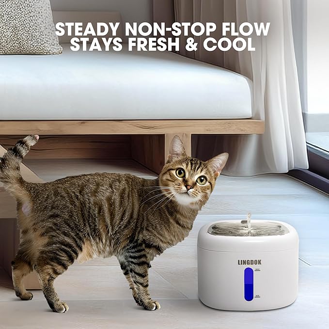 Cat Water Fountain - 2.2L Cat Fountain with Stainless Steel Drinking Tray, Ultra-Quiet 25dB Pet Water Fountain with LED Light and Water Level Window, Water Fountains for Cats Indoor - PAWPICO
