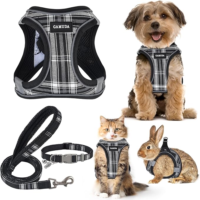 GAMUDA Small Dog Harness Collar and Leash Set, Step in No Chock No Pull Soft Mesh Adjustable Dog Vest Harnesses Plaid Reflective for Dogs Puppy Cats Kitten Rabbit (Black, XS) GAMUDACollarsCollection