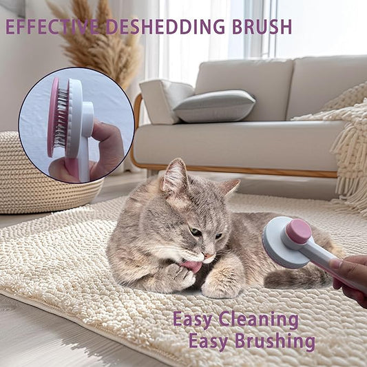 Cat Brush Grooming Kit 6pcs - Cat Brushes for indoor Cats Shedding, Dog Brushes Kit for Small Dogs,Cat Brushes for Shedding for Long Haired Cats, Pet Self Cleaning Kit with Flea Comb Set Pink - PAWPICO