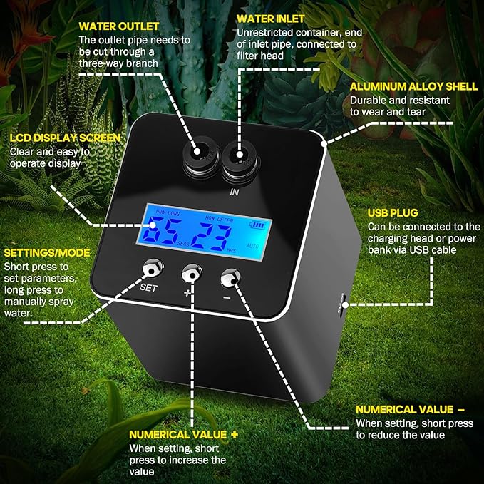 Reptile Smart Mister, Reptile Humidifiers Misting System Automatic with Timer, Terrariums Humidifier with 360°Adjustable Misting Nozzles, Spray Kit for Rainforest Plants Amphibian MYGIIKAKA