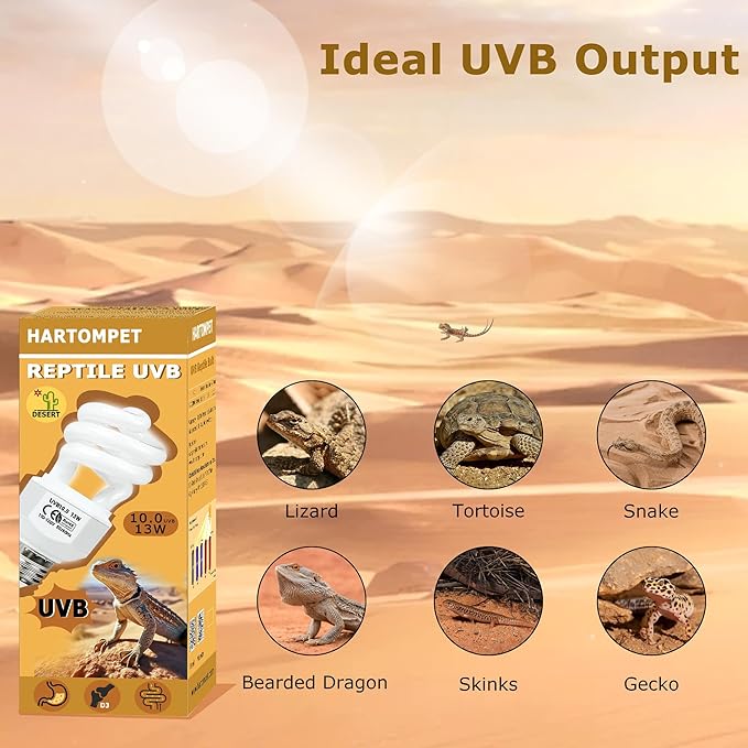 10.0 UVB Reptile Light 26W, Compact Fluorescent Desert Terrarium Lamp, Powerful Coil UVB Bulbs for Reptile Tanks and Terrariums, Ideal for Tortoises, Iguanas and Other Sun-Loving Species HARTOMPET