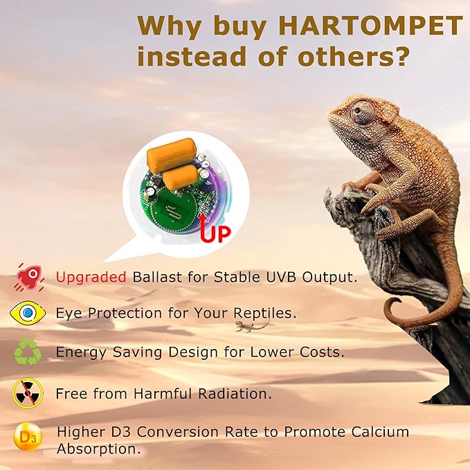 10.0 UVB Reptile Light 26W, Compact Fluorescent Desert Terrarium Lamp, Powerful Coil UVB Bulbs for Reptile Tanks and Terrariums, Ideal for Tortoises, Iguanas and Other Sun-Loving Species HARTOMPET