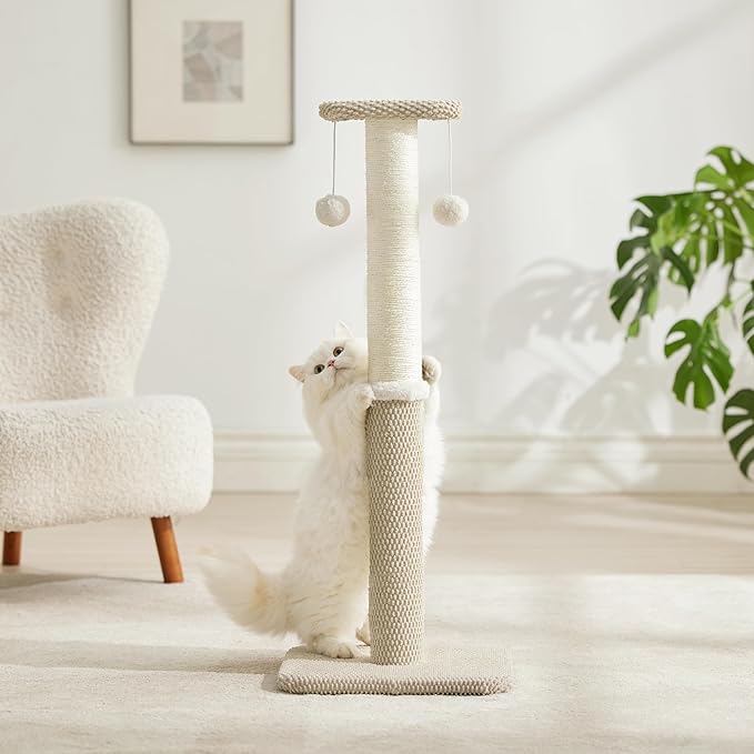 Lesure 34" Tall Cat Scratching Post - Premium Sisal Rope Highly Resistant Carpet Scratching Posts for Indoor Cats Adults, Sturdy Large Cat Scratch Pole with Hanging Ball, Beige(34 inch) - PAWPICO