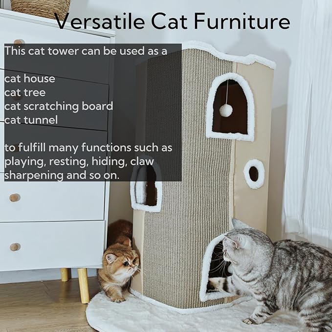 4-Level Cat House for Indoor Cats, Large Adult Cat Peekaboo Cave Bed Cats Cube Houses with Scratch Pad Cat Towers Cute Kitten Condo Hideaway Hut for Multi Pets Under 55 lbs Beige - PAWPICO