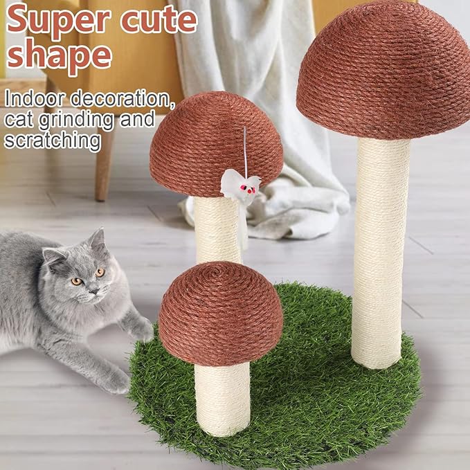 PowerKing Cat Scratching Post, Mushroom Claw Scratching Post for Cat, Natural Sisal Cat Scratchers with 3 Mushroom Pole, Cat Interactive Toys - PAWPICO