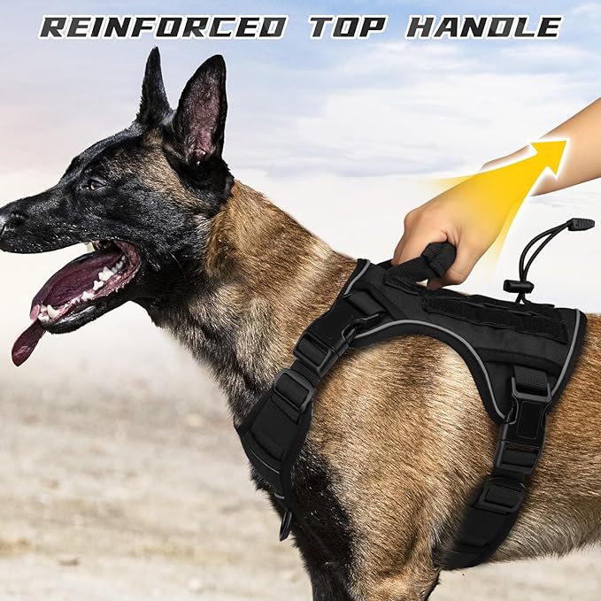 WINGOIN Black Tactical Dog Harness for Medium Small Dogs No Pull Adjustable Reflective Military Pet Harness with Easy Control Handle with Hook & Loop Panels for Walking Hiking Training - PAWPICO