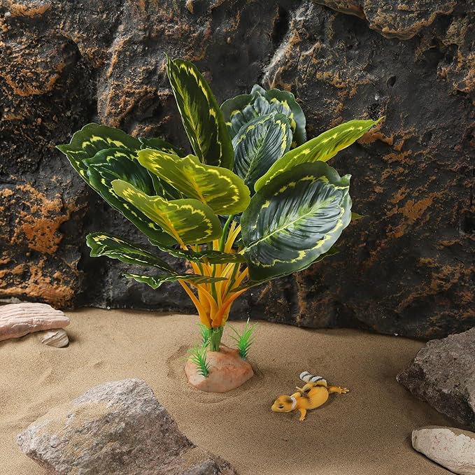 Terrarium Plants for Reptile Terrarium, Reptile Plants Tortoise Habitat Accessories, Artificial Spider Plant for Gecko, Ball Python, Tortoise Terrarium Décor - Calathea Makoyana B IBWell
