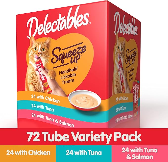 Delectables Squeeze Up Variety Pack, Creamy Squeezable Puree, Lickable Wet Cat Treats, Grain Free, No Added Fillers, No by-Products, No Added Preservatives, 0.5 Ounces Tube, 72 Tubes Total Hartz