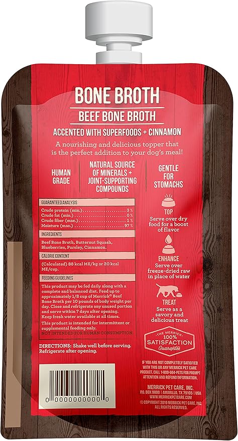 Merrick Grain Free Bone Broth, Premium Human Grade And Gluten Free Dog And Cat Food Topper Pouches, Beef - 7 oz. Pouch - PAWPICO
