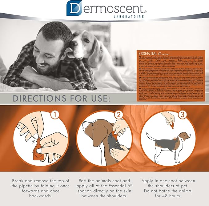 Dermoscent Essential 6 spot-on - Dog Skin Care for Dandruff & Allergy Relief with Vitamin E Oil - Anti Itch for Dogs - Natural Ingredients for Sensitive Skin - Dogs 10-20 kg - 4 Pipettes of 1.2 ml Dermoscent