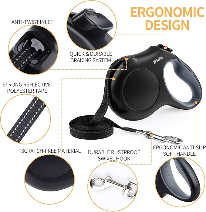 Fida Retractable Dog Leash X-Small Breed, 10 ft Durable Pet Walking Leash for Extra Small Dogs/Cats/Small Animals up to 18 lbs, 360° Tangle Free, Black Fida