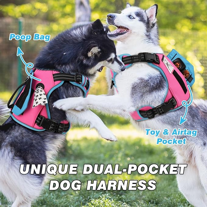 WINGOIN Tactical Dog Harness for Large Dogs, No Pull Harness with Handle Pockets Poop Bag, Reflective Dog Vest, Military Service Heavy Duty Big Dog Harness for Walking Hiking Training, Pink Blue, L WINGOIN