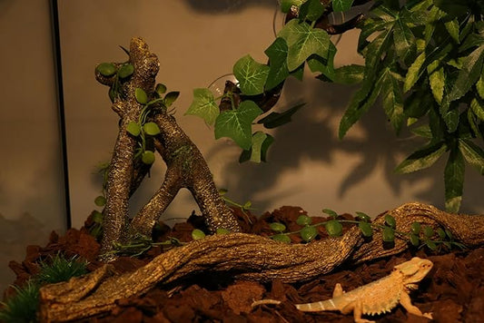 AQUA KT Reptile Corner Branch with Green Leaves Terrarium Desert Habitat Decoration for Lizard Snake Bearded Dragon Chameleon Hermit Crab Leopard Gecko Amphibian Climbing AQUAKT