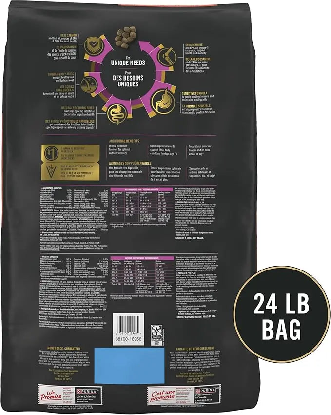 Purina Pro Plan Sensitive Skin and Stomach Dry Dog Food Senior Adult 7 Plus Salmon and Rice Formula - 24 lb. Bag - PAWPICO