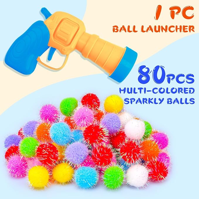 BooTaa Pet Toys, Interactive Cat Toy Set, 80pcs Glitter Pom-Poms Cat Ball Toy with 1 Launcher, Safe Soft Cat Toy Balls for Fetch, Training, Playing - PAWPICO