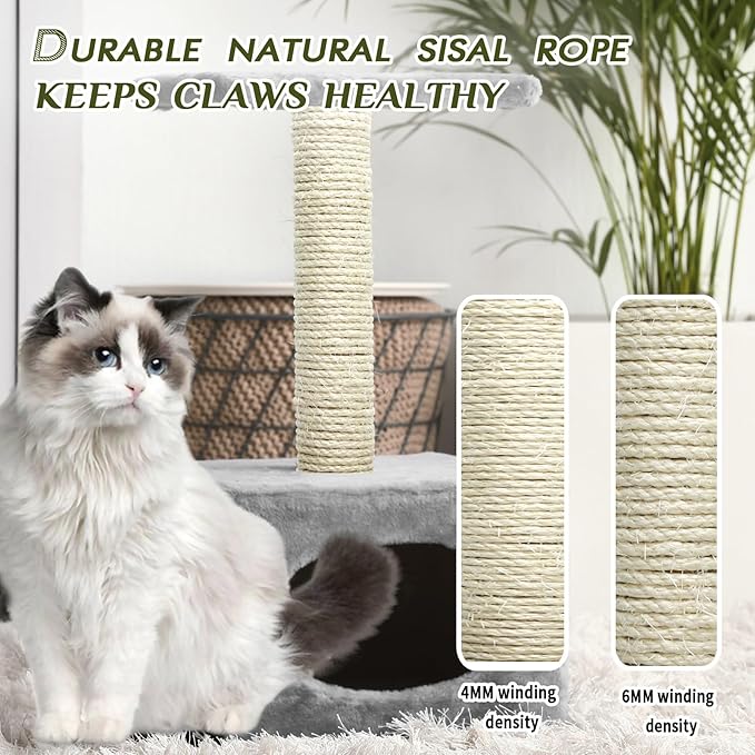 Natural Sisal Rope 1/4 Inch 32-Feet for Cat Tree Tower Repair and Replace Scratching Post, DIY Hemp Twine Rope for Cat Scratching Furniture Window Perch and Crafts Gardening Home Decorating - PAWPICO