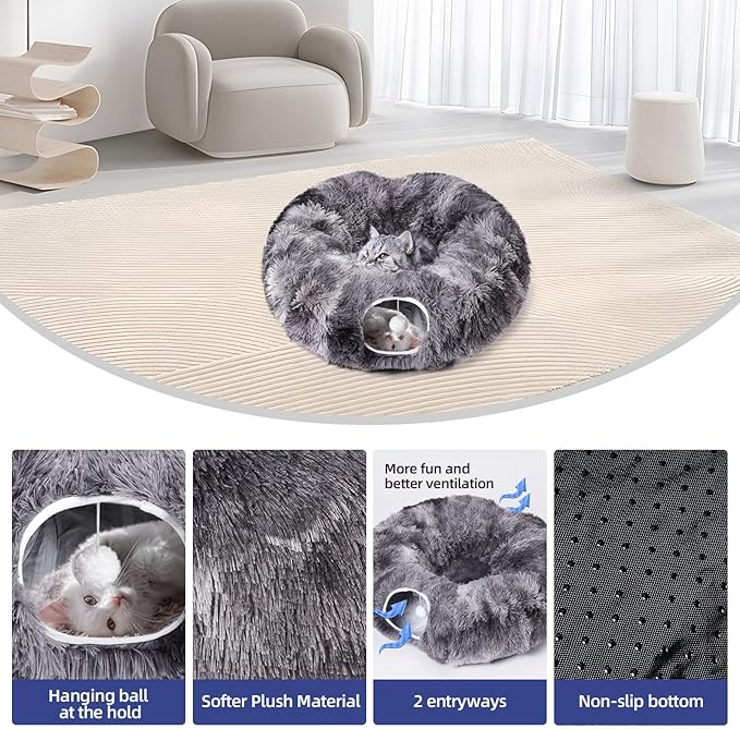 Odoland Cat Tunnels for Indoor Cats with Fluffy Plush Central Cat Couch and 20 Cat Toys, Tunnel Bed for Cats with Hanging Ball, Detachable Soft Mat and Variety Kitty Toy Set, Grey - PAWPICO