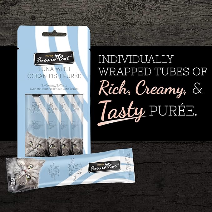 Fussie Cat Tuna with Ocean Fish Puree, lickable cat Treats, 0.5oz Pouch Pack of 4 - PAWPICO