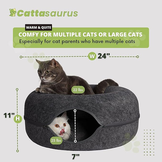 CATTASAURUS Peekaboo Cat Cave for Multiple & Large Cats Up to 30-45 Lbs, Scratch Detachable & Washable Tunnel Bed, Comfy Donut Cat Cave (Dark Gray, Large) - PAWPICO