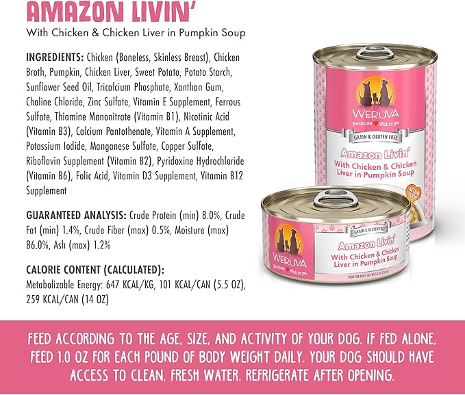 Weruva Classic Dog Food, Amazon Liver with Chicken Breast & Chicken Liver in Pumpkin Soup, 14oz Can (Pack of 12) - PAWPICO