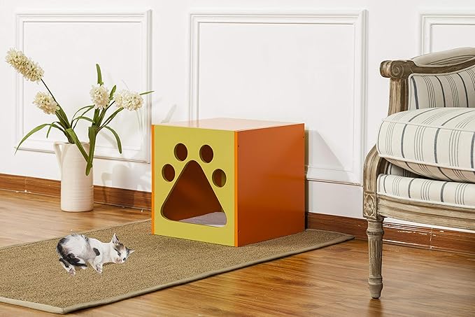 Elegant Home Fashions Cat Cuddle Box Pet House with Paw Design Orange and Yellow Finish (PET-985) - PAWPICO
